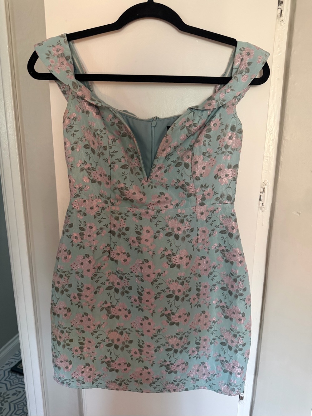 Floral V-Neck Mint and Pink Off-Shoulder Dress